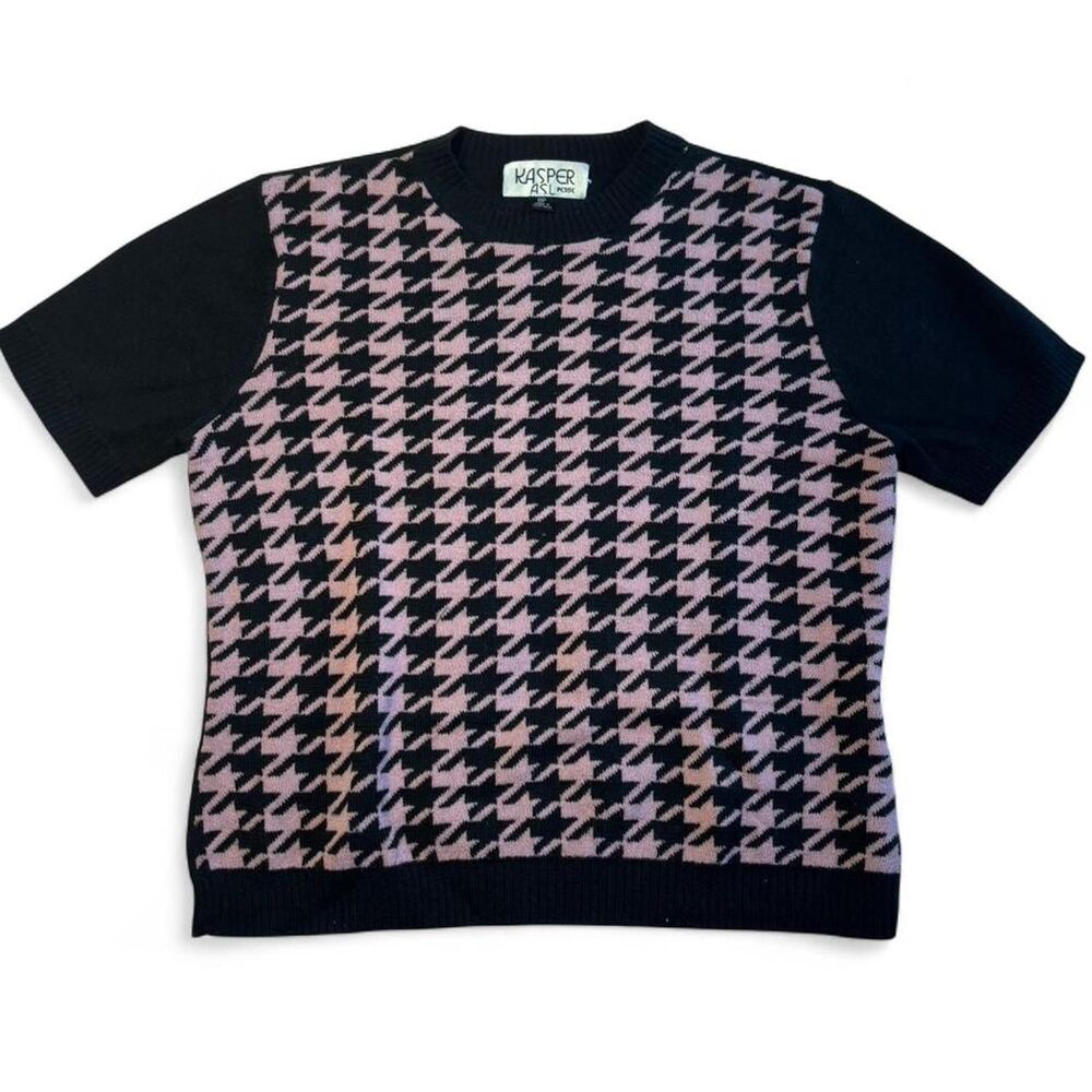 Kasper‎ ASL Vintage Black Pink Houndstooth Knit Sweater Top Petite